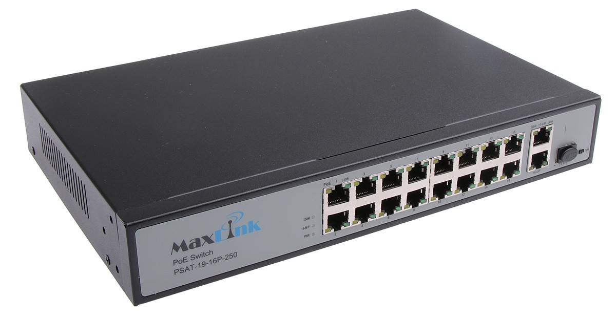 Switches with POE: MaxLink PoE 16 port switch PSAT-19-16P-250, 18x LAN .